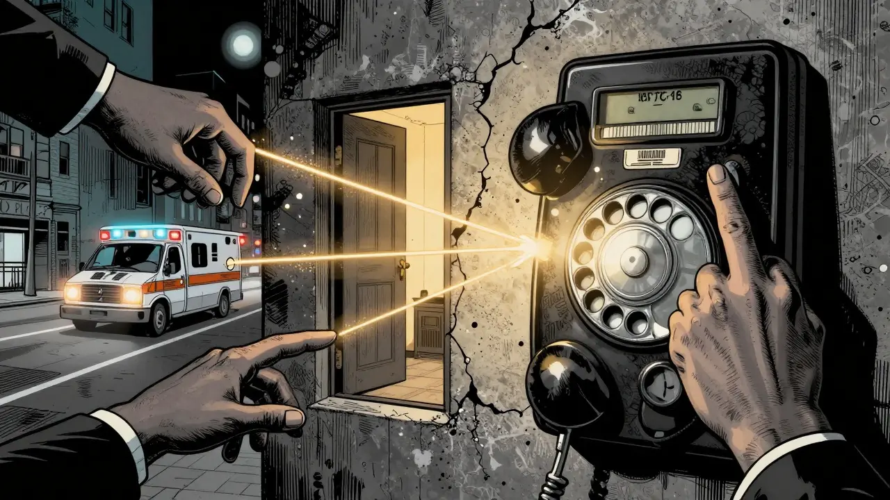 Ruka volající na telefon, z něj vycházejí tři cesty k pomoci: záchranná služba, krizové centrum a psychiatr.