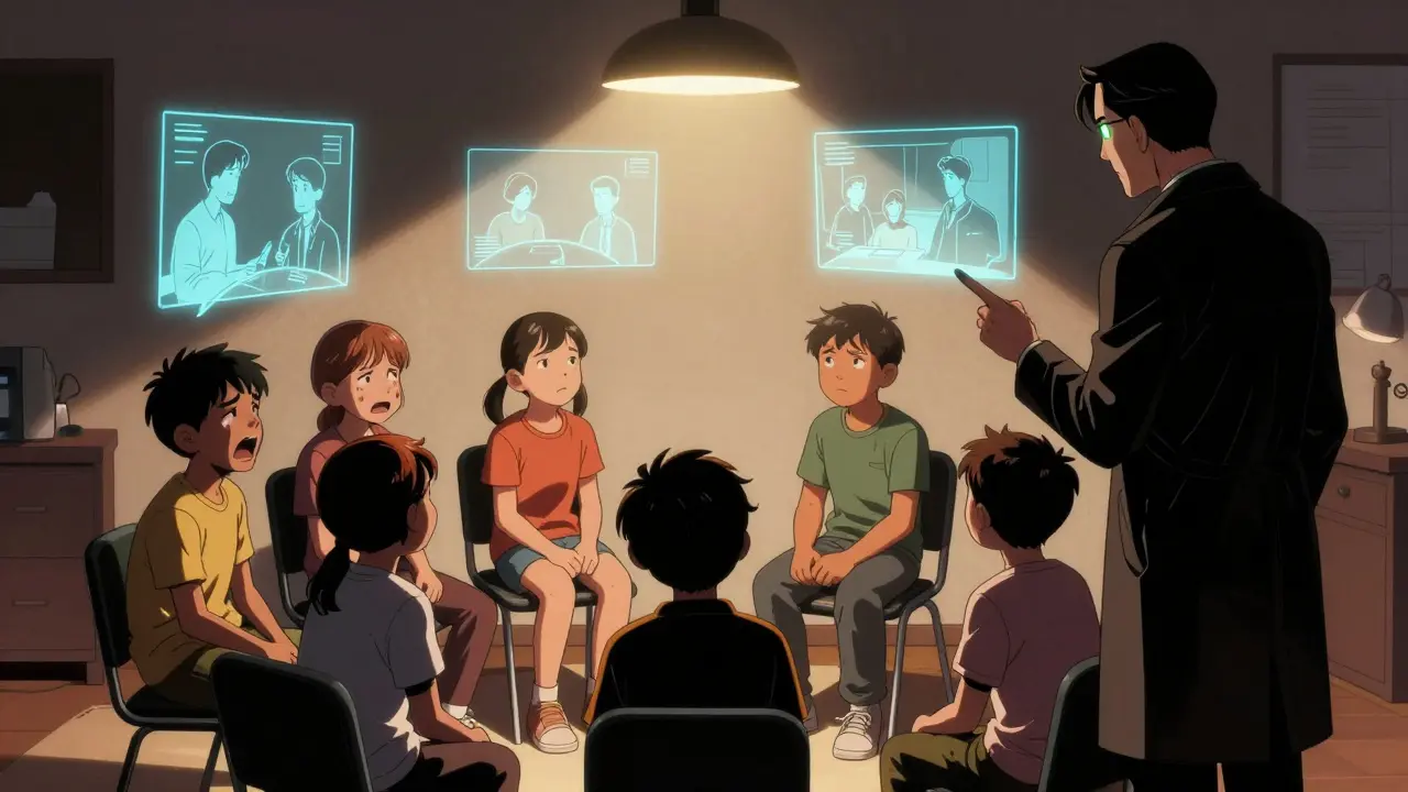 Skupina dětí ve terapii sedí v kruhu pod jedinou lampou, terapeut s nimi pracuje na sociálních dovednostech.