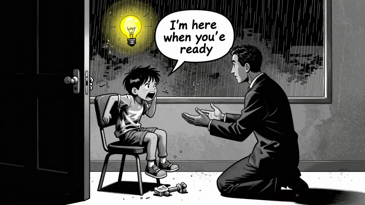 Terapeut čeká u dveří, když dítě vyběhlo, dveře otevřené, světlo jako záruka bezpečí.