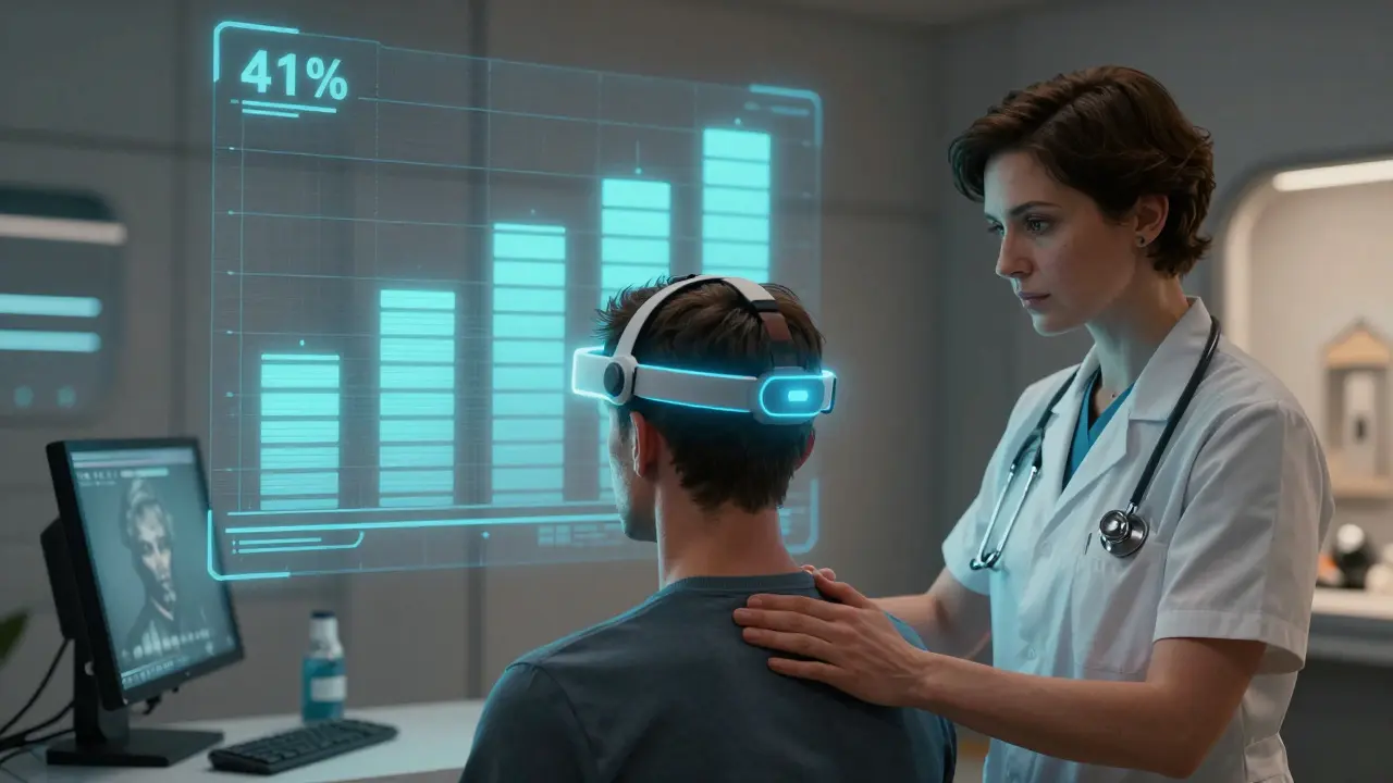 Terapeut s empatií podporuje pacienta v klinice s neurofeedbackem, zatímco se zobrazují výsledky léčby.