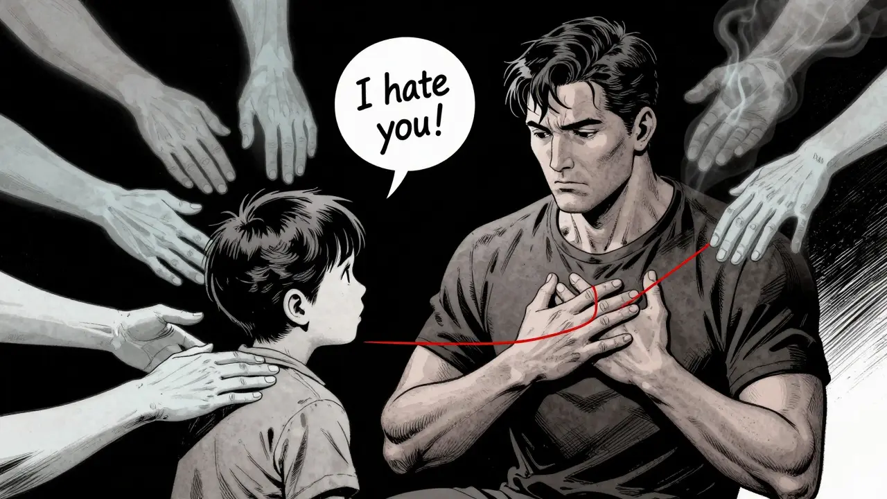 Terapeut se dotýká svého srdce, zatímco minulé překročení hranic mizí, jen tenká červená čára spojuje s dítětem.