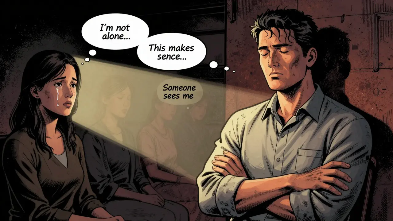 Terapeut v tichém okamžiku, klient pláče, v myšlenkách se objevuje pocit pochopení a připojení.