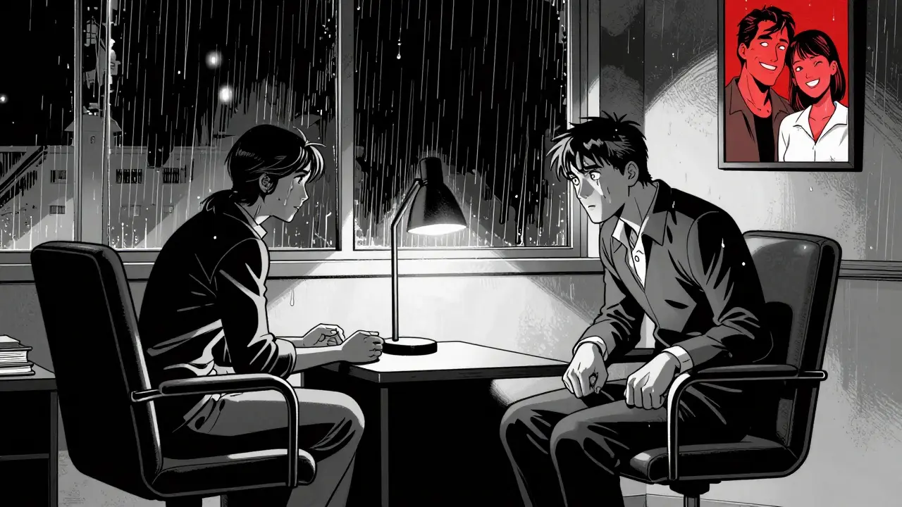 Terapeutická místnost v noci, dva lidé před sebou, jedna ruka se táhne k druhé, světlo z jediné lampy.