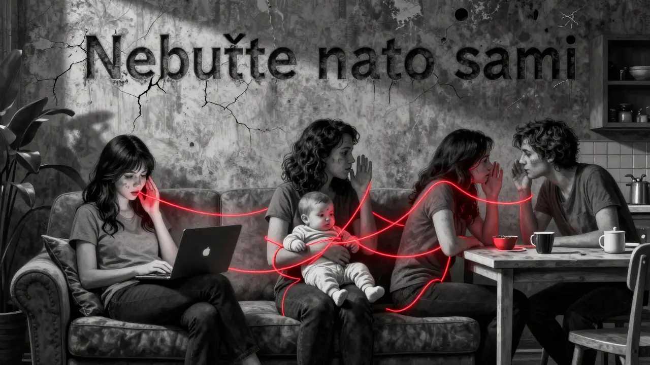 Tři matky spojeny červenými vlákny, nad nimi text 'Nebuďte na to sami' v betonu.