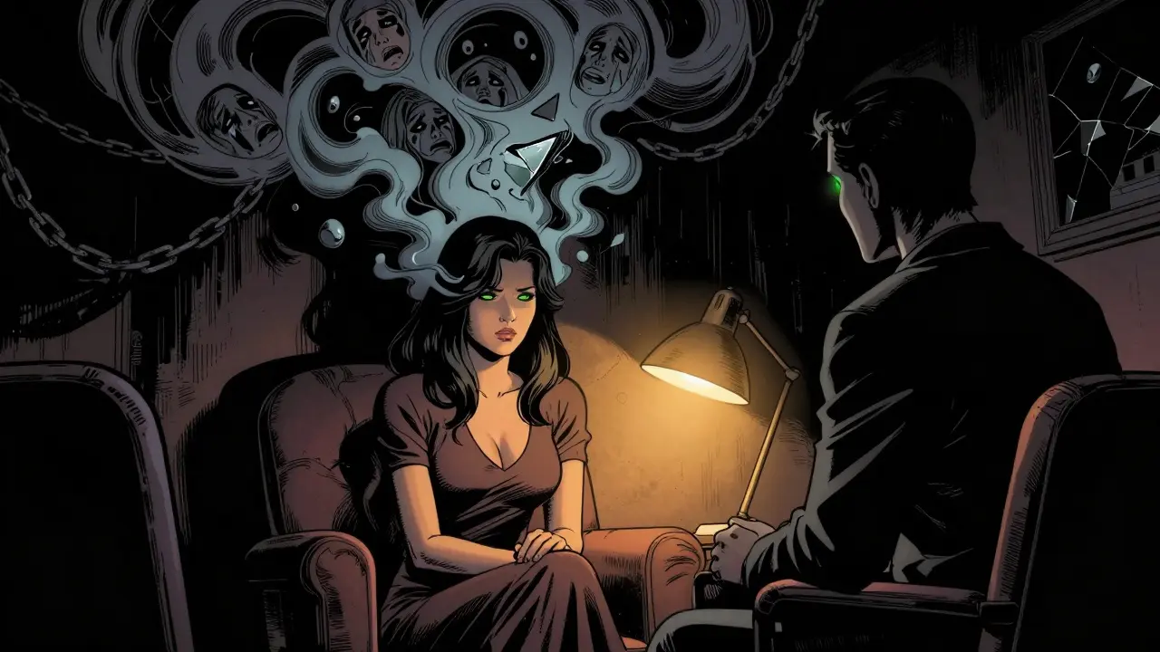 Žena v terapii, její myšlenky se jeví jako černé řetězy a zrcadla, terapeut má zelené oči.