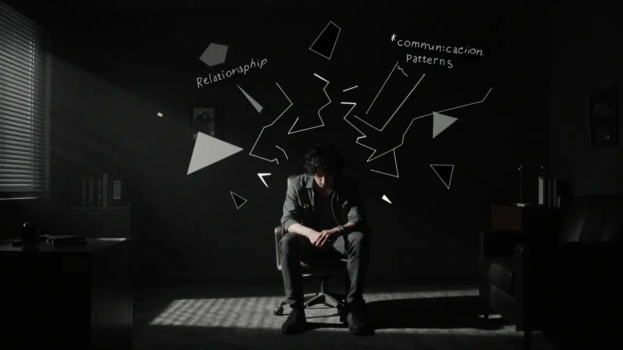 Člověk na terapii v kontrastním noir prostředí s abstraktními symboly dynamiky vztahu.