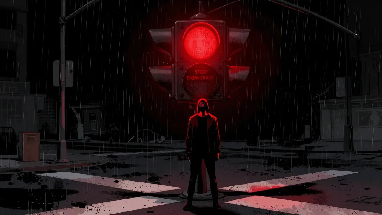Člověk stojící u červené semaforové značky v temném, deštivém městě.