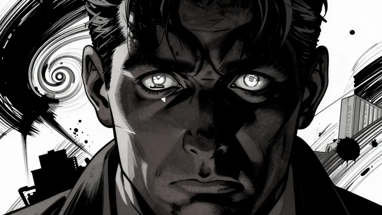 Detail vyhořelé tváře pracovníka s abstraktními prvky stresu.