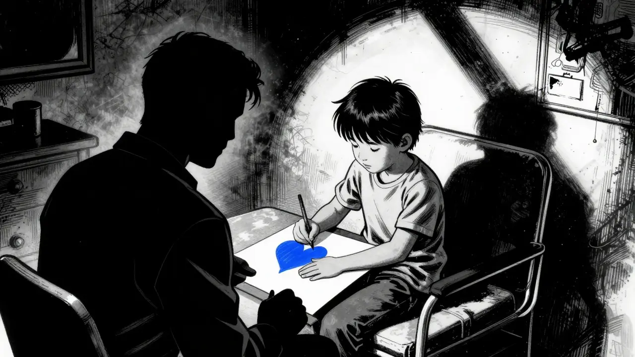 Dítě v terapii kreslící modré srdce v kontrastním černobílém prostředí.