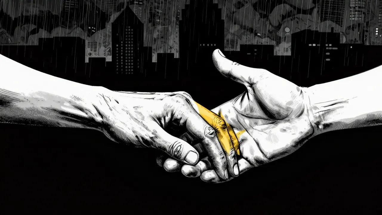 Dvě ruce se spojují v gestu smíření v temné, noirní atmosféře.