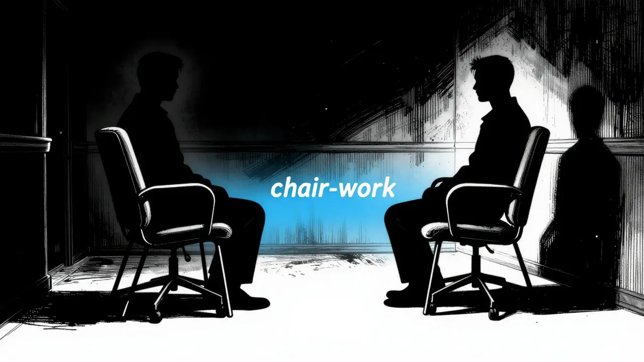 Dvě židle v temném prostoru s jemným modrým světlem mezi nimi.