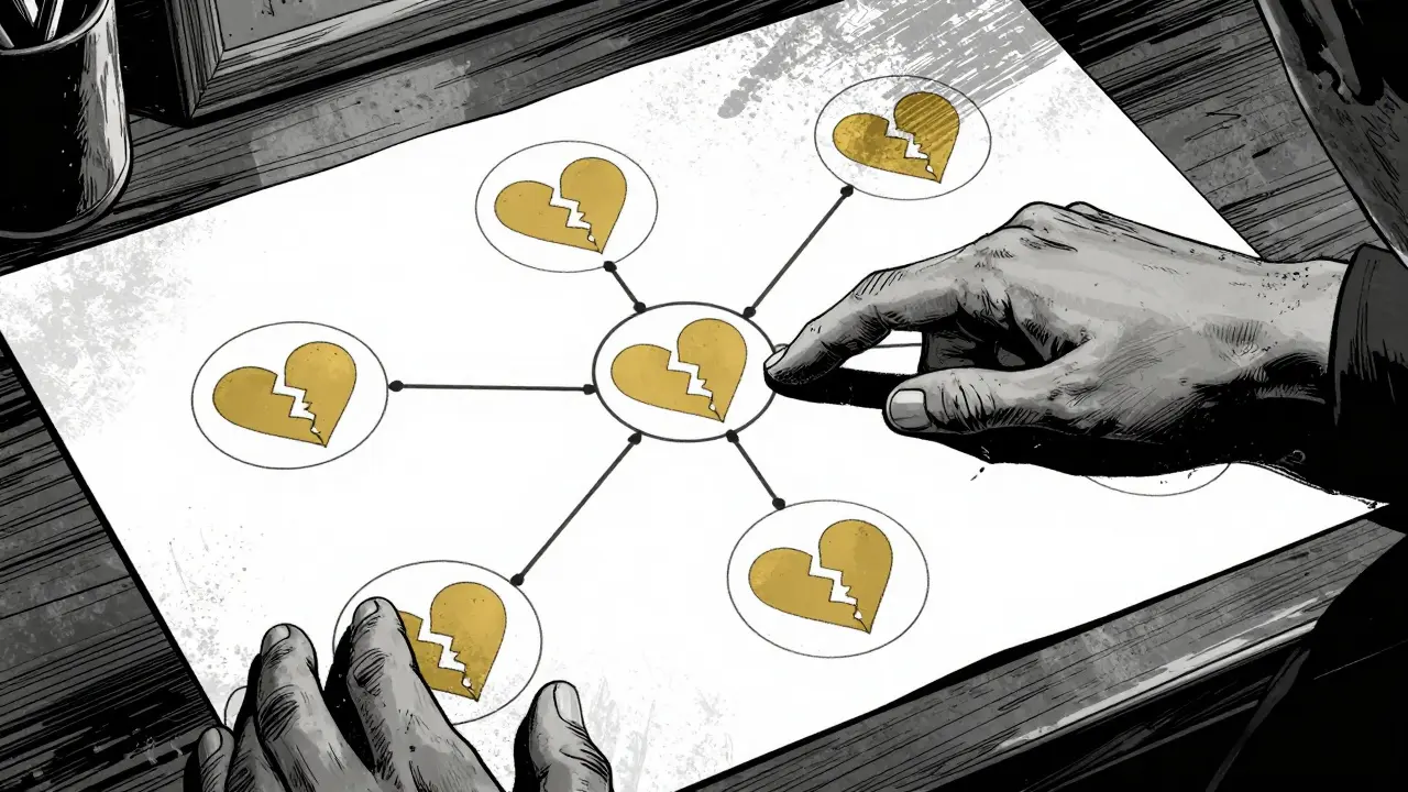 Genogram rodinné mapy s vyznačenými vzorci přes generace.