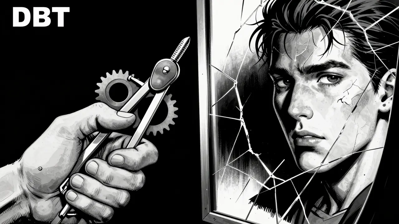 Kolaž znázornující nástroje pro regulaci emocí a praskající zrcadlo.