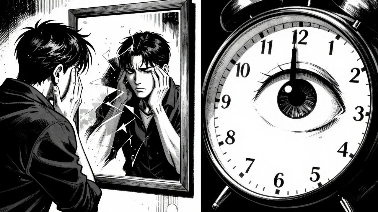 Koláž znázornující úzkost a nespavost s vysokým kontrastem černá a bílá.