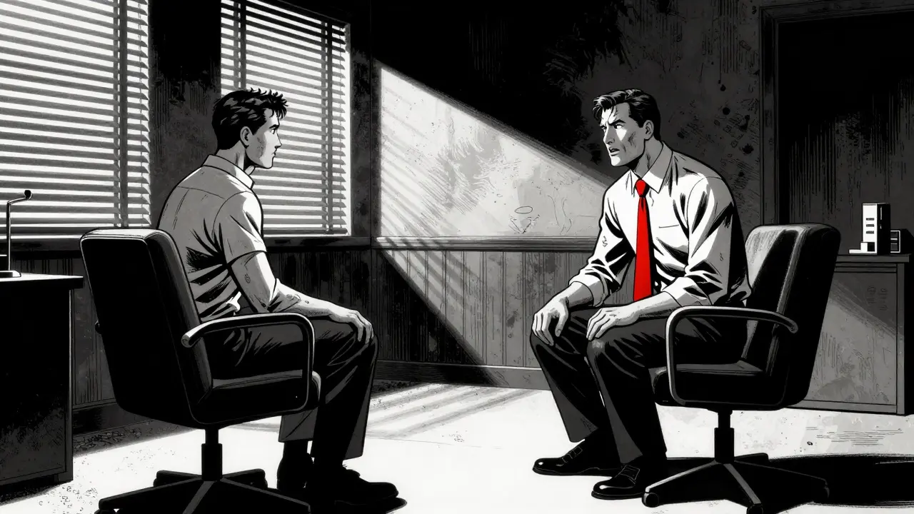 Komiksový obraz osobní terapie v kanceláři s dramatickým kontrastem černého a bílého.