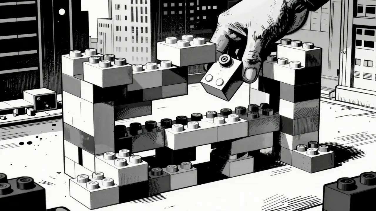 Konceptuální obraz kostek LEGO v černobílém stylu znázornující změnu systému vztahu.