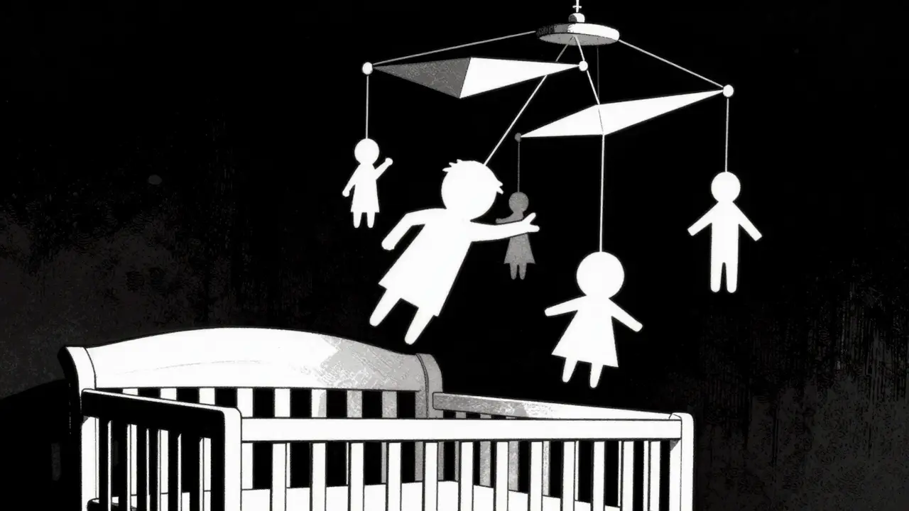 Konceptuální obraz mobilu s geometrickými tvary symbolizujícími rodinný stres.