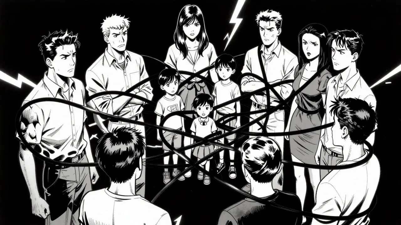 Konceptuální síť rodinných vztahů v černobílém stylu noir.