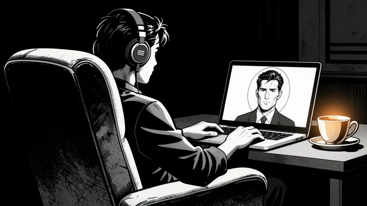 Kresba v noir stylu znázorňující člověka v pohodlí domova během online terapeutické sezení.