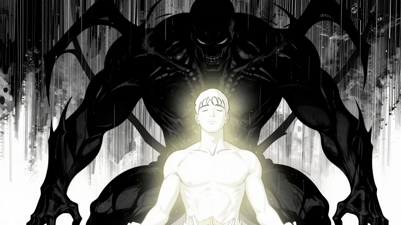 Muž praktikující mindfulness v boji proti stínové postavě představující silné bažení po látce.