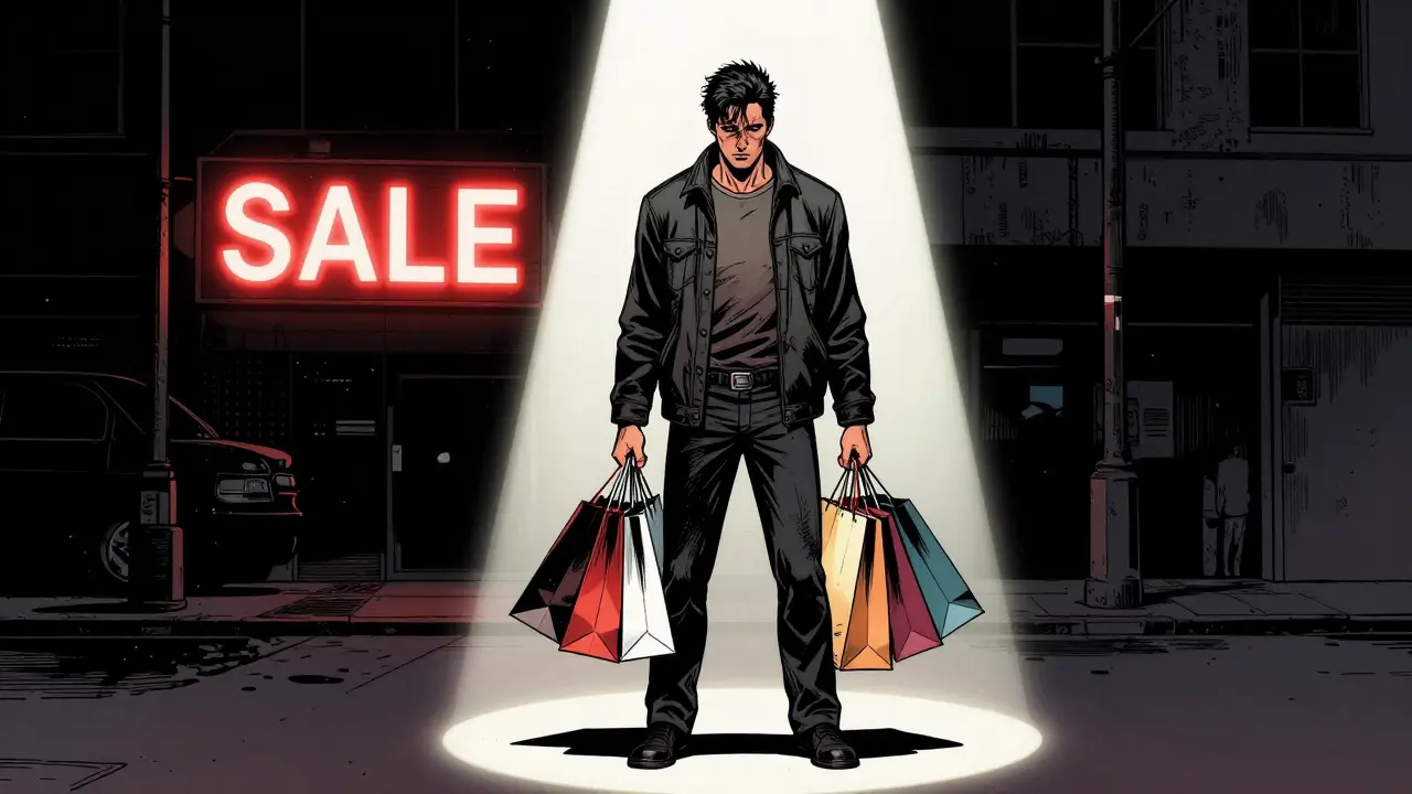 Muž v černobílém městě s nákupy a výrazem litosti pod červeným nápisem.