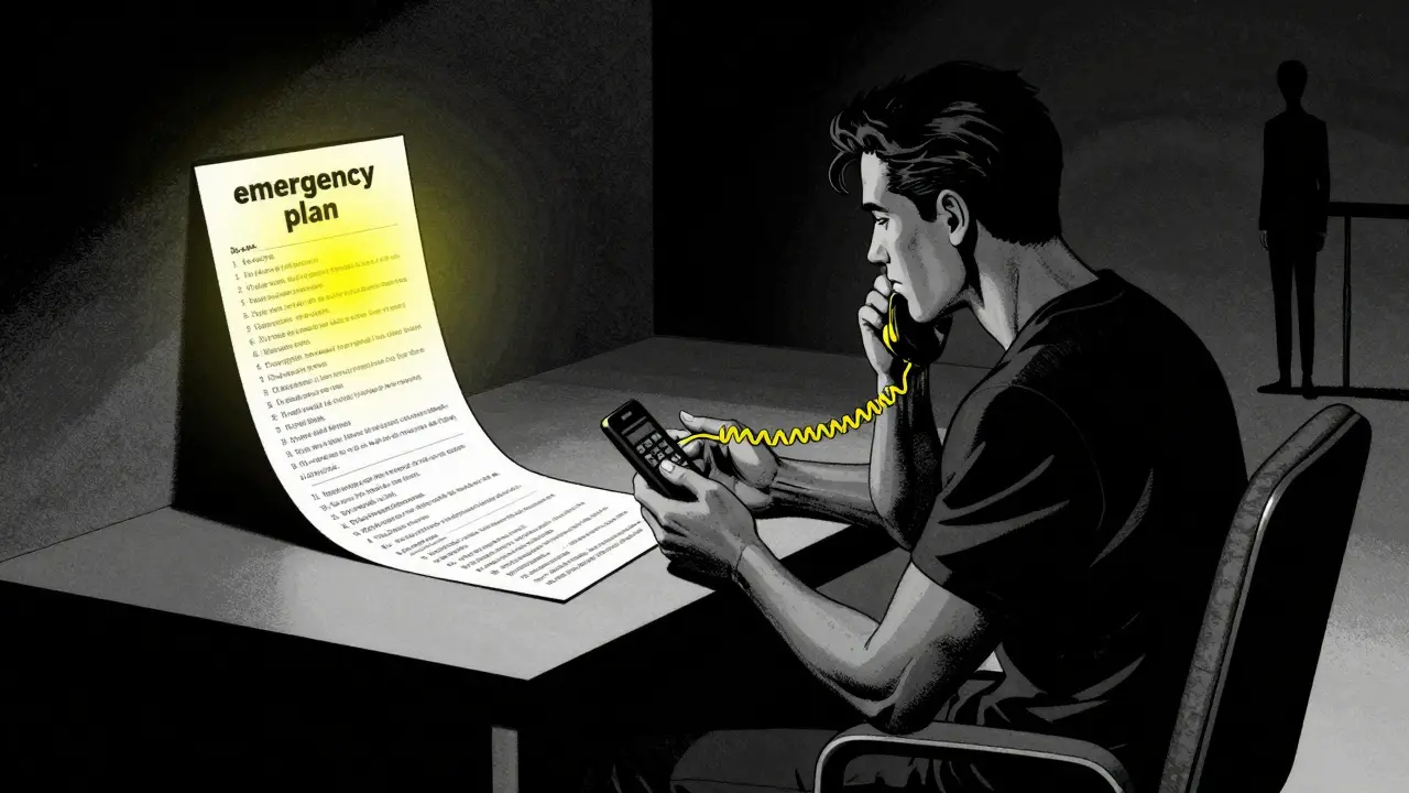 Muž v minimalistickém pokoji s telefonem v ruce, symbolizující síť podpory a krizový plán.