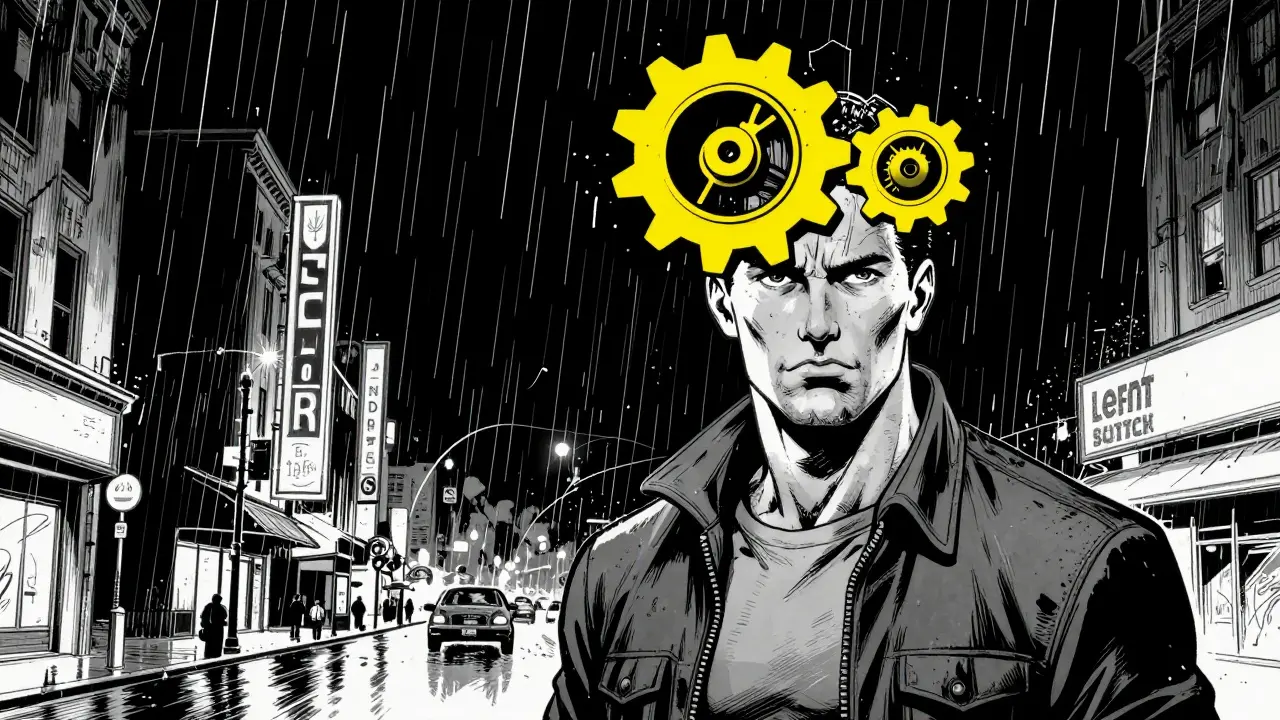 Muž v noitem v městě s vyobražením vnitřního řádu v hlavě.