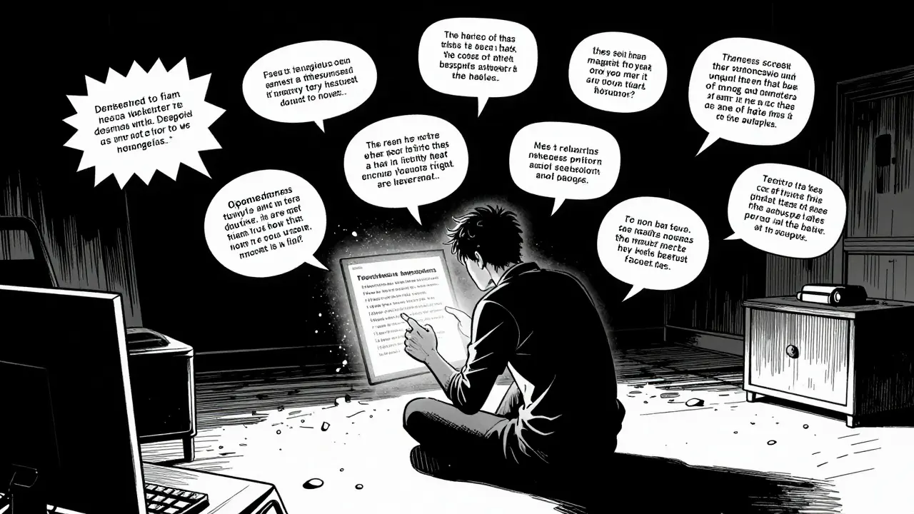 Muž v temné místnosti vyhledává diagnózy na internetu, styl noir komiksu.