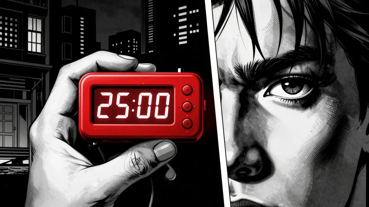 Noir ilustrace ruky s červeným časovym blokem pro časovou organizaci při ADHD.