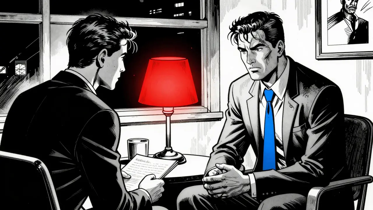 Noir komiksová ilustrace rozhovoru klienta s terapeutem s jedním výrazným barevným prvkem.