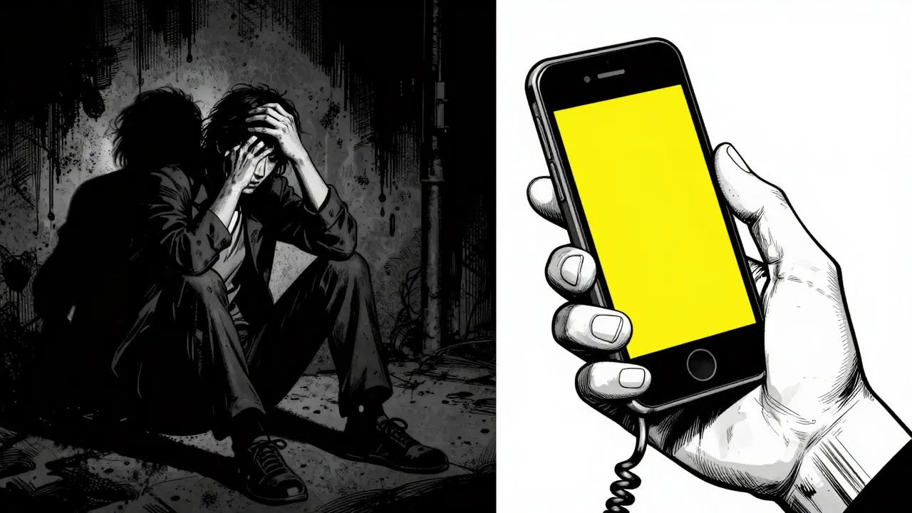 Očajná osoba v šeru a telefon jako symbol pomoci.
