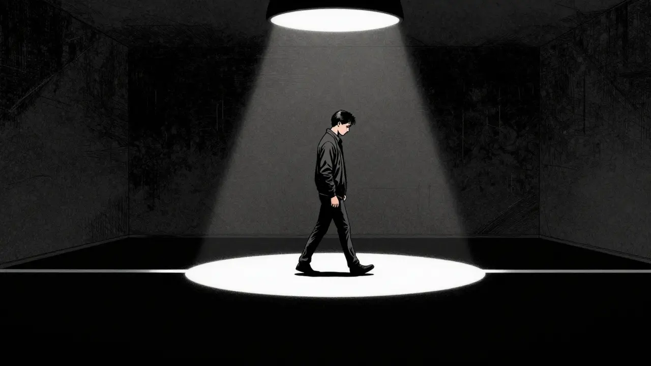 Osoba pomalu kráčející po bílé linii v minimalistickém noir prostoru.