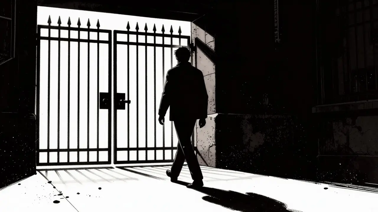 Osoba sebevědomě odcházející z temné uličky směrem ky svobodě a uzdravení.