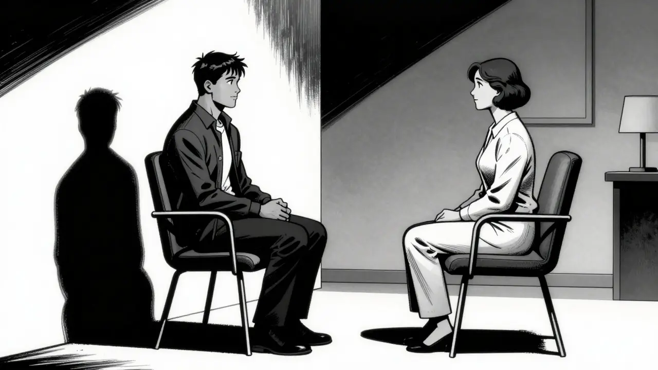 Pacient a terapeut v minimalistickém kanceláři v černobílém komiksovém stylu.