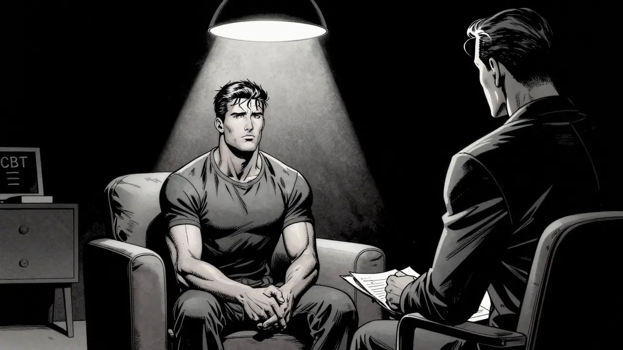 Pacient v psychoterapii v kontrastním stylu komiksu Sin City.