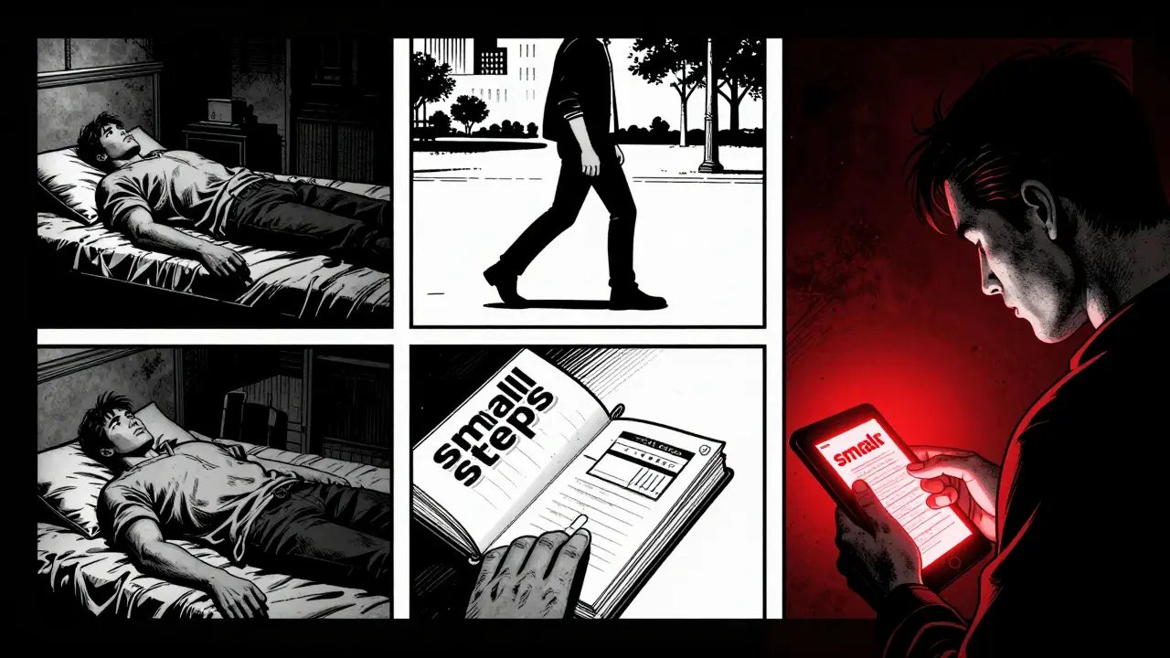 Postupný pohyb člověka z tmy do světla v dramatickém stylu Sin City.