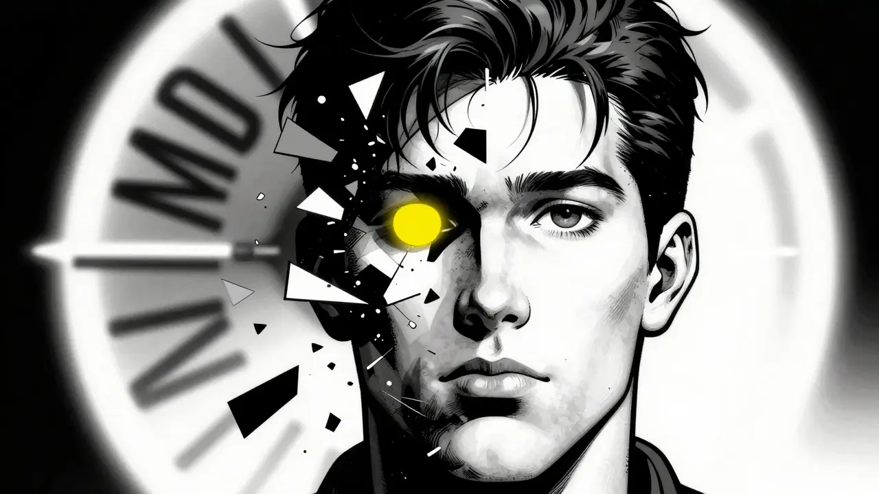 Profil obličeje s fragmentovanými vzpomínkami a symbolem bilaterální stimulace.