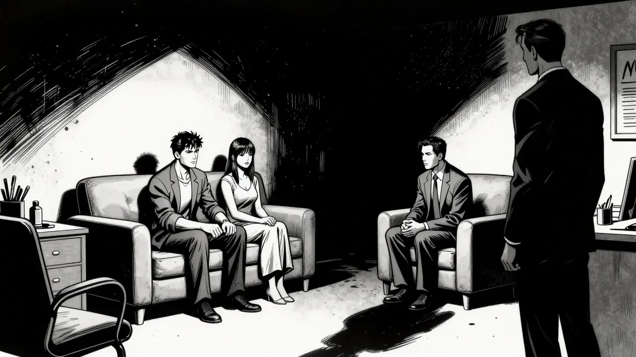  rained pár v terapeutické kanceláři s dramatickými stíny v stylu Sin City.