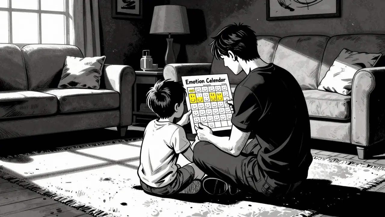 Rodič a dítě společně pracují s emočním kalendářem v dramatickém komiksovém stylu.