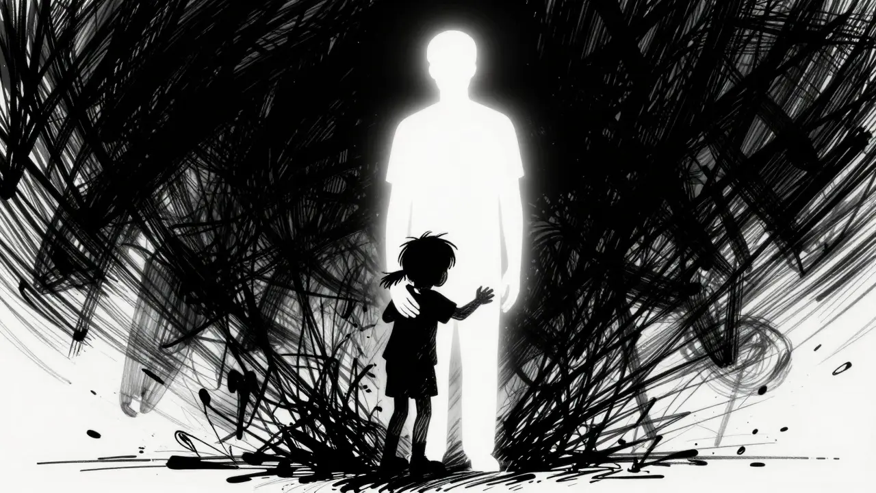 Rodič objímající dítě, symbolizující klid uprostřed emočního chaosu.