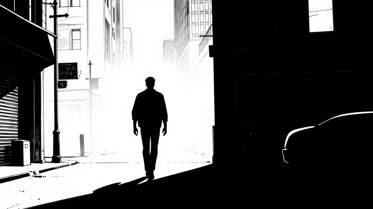 Silueta člověka odcházejícího z temného města do světla, symbolizující úspěšný konec terapie.