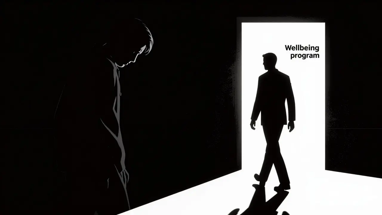 Silueta člověka přecházející z temnoty stresu ky světlu wellbeing programu.