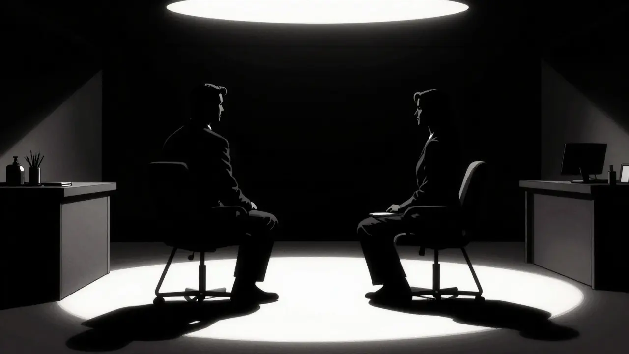 Siluety terapeuta a klienta v bezpečném prostoru v dramatickém komiksovém stylu.