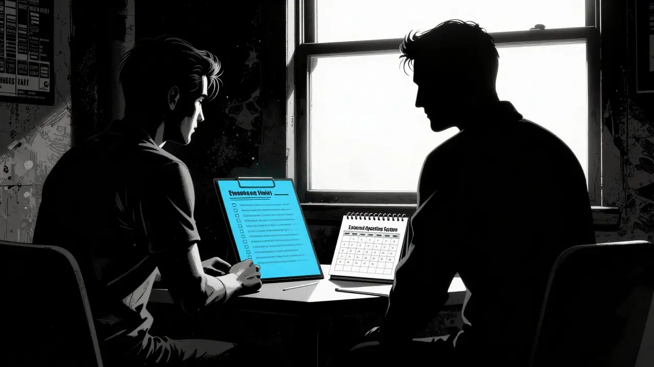 Siluety terapeuta a pacienta s modře zvýrazněným seznamem úkolů a kalendářem.