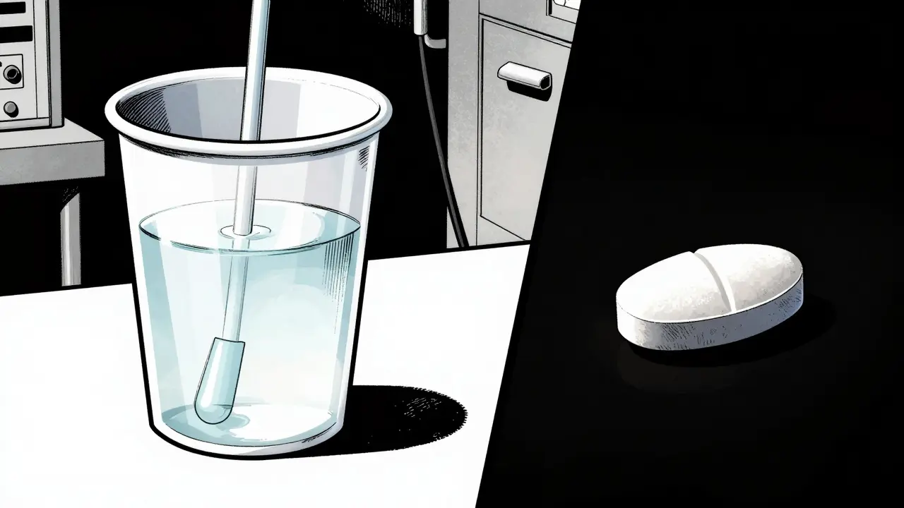 Srovnání metadonu v kelímku a buprenorfinové tablety v noir stylu.