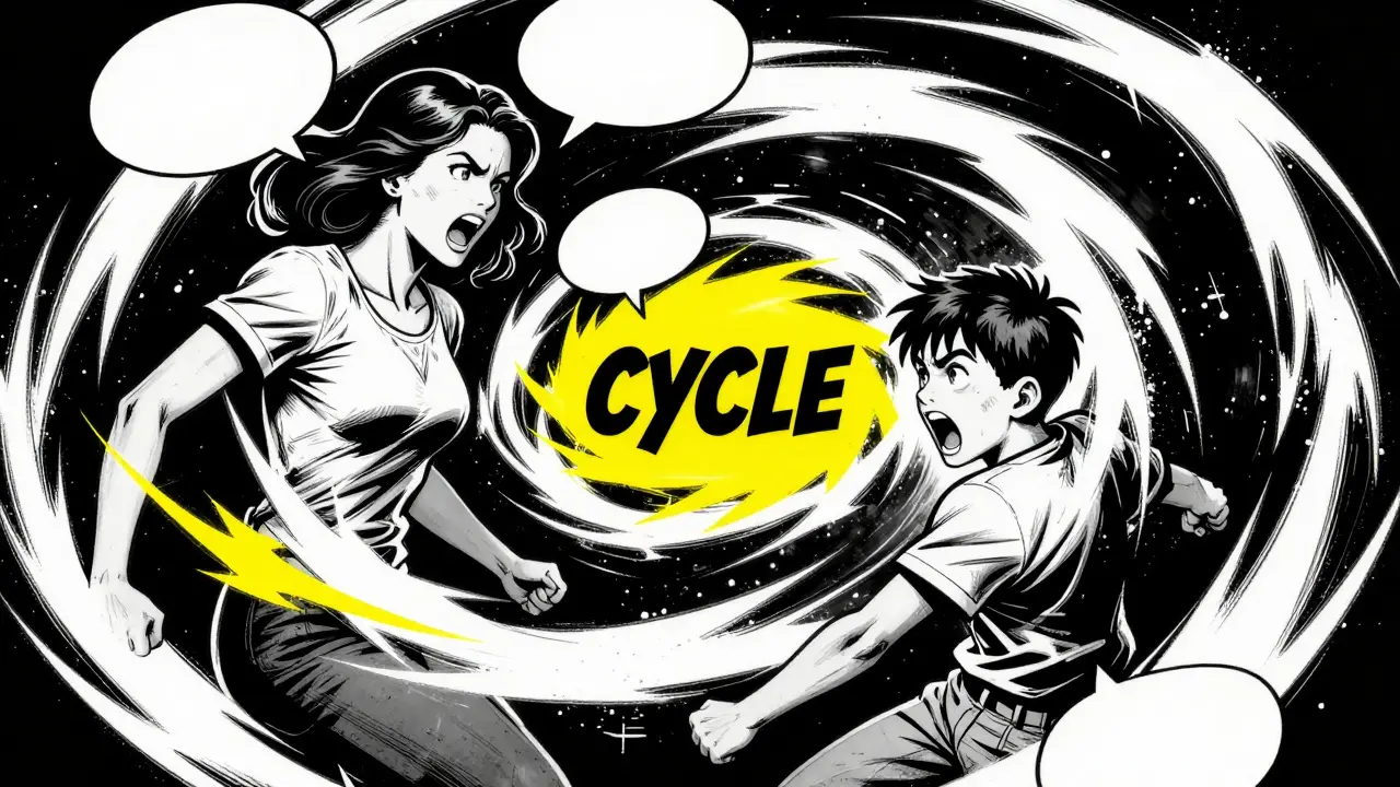 Stylizovaný obraz začarovaného kruhu hádky mezi matkou a synem.