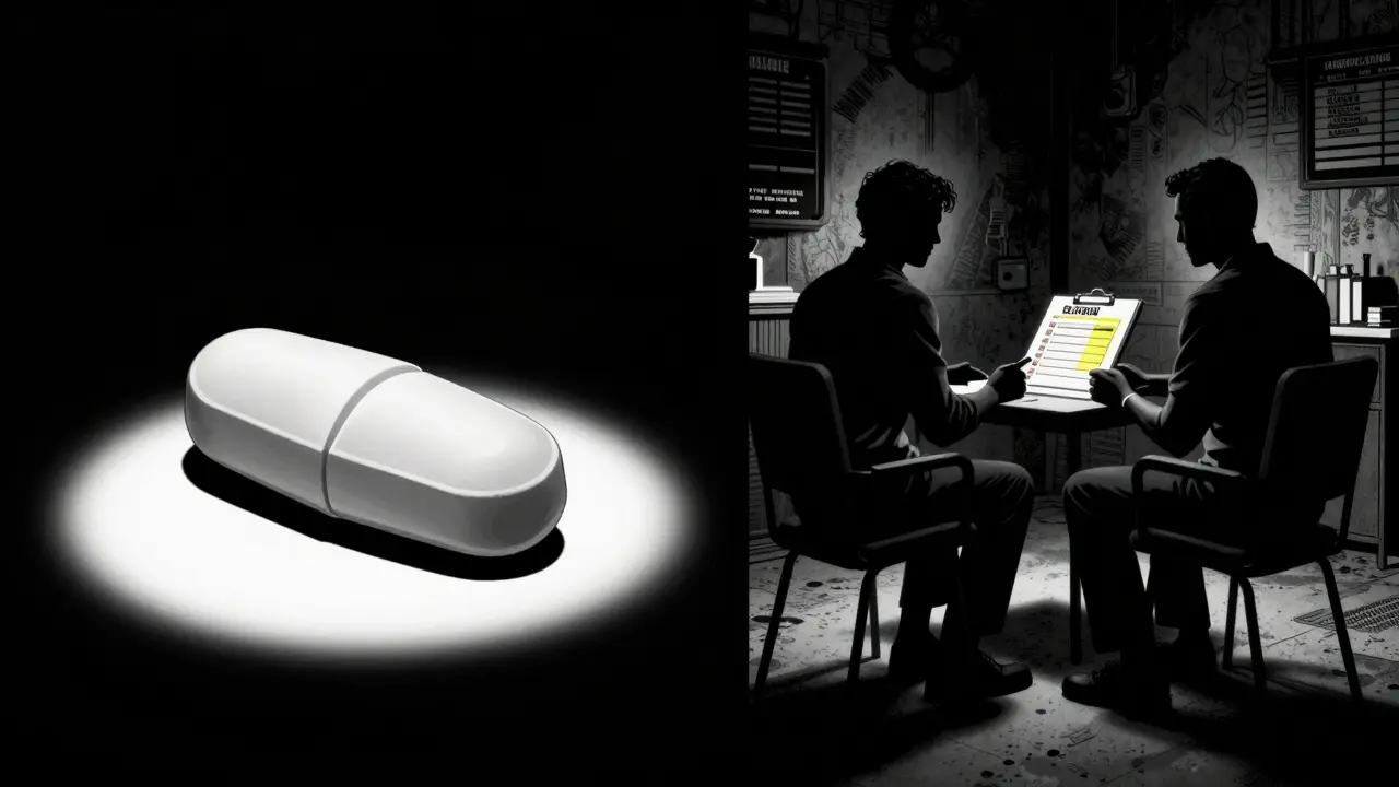 Symbolické srovnání léku a terapie v kontrastním černobílém stylu.