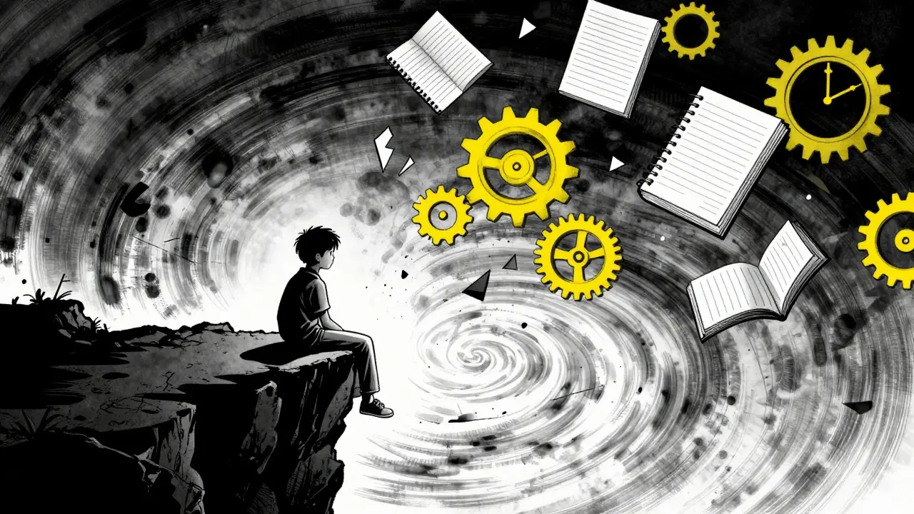 Teenager na útesu stínů obklopen žlutými fragmenty školních věcí a hodinami.