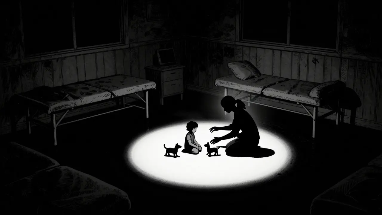 Terapeut a dítě hrají s figurkami zvířátek v minimalistickém černobílém stylu.