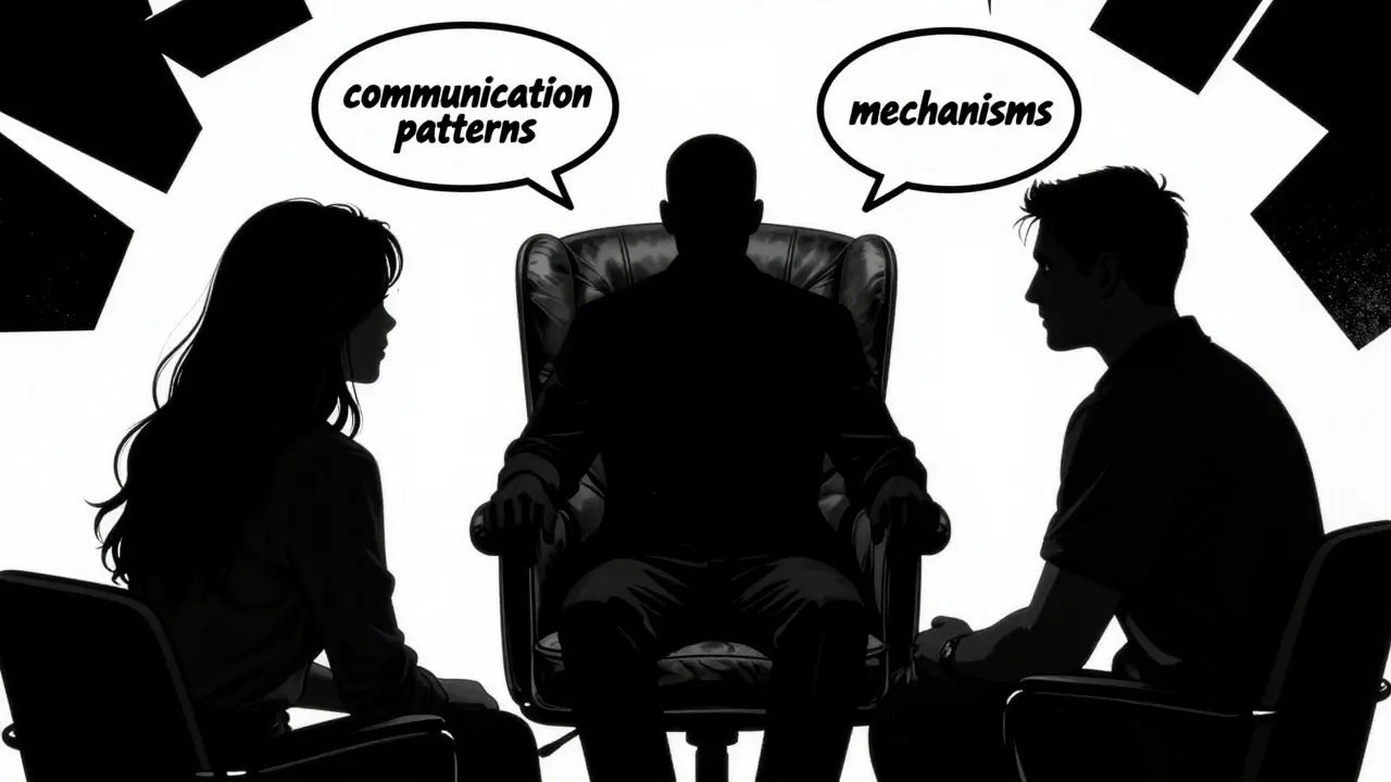 Terapeut pomáhá páru analyzovat jejich komunikaci v kontrastním stylu.